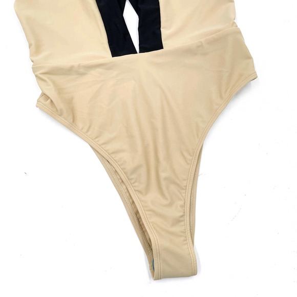 New Michael Costello Talliah One Piece Swimsuit Tan Black Crisscross Back Sz S - Picture 6 of 10